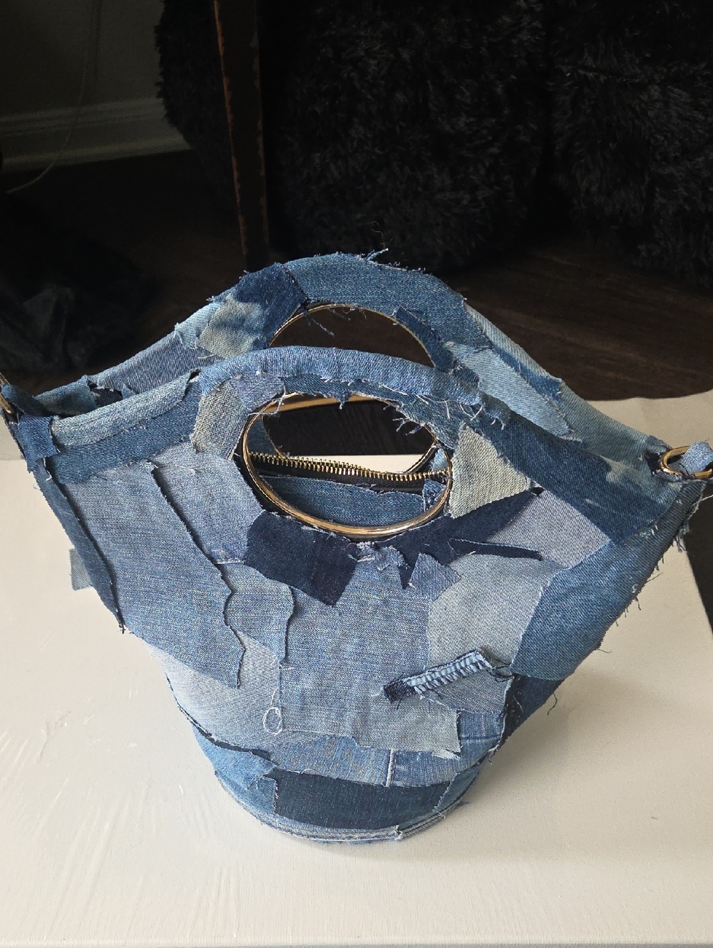 Upcycled Denim Patchwork Tote Bag with Cutout Handles